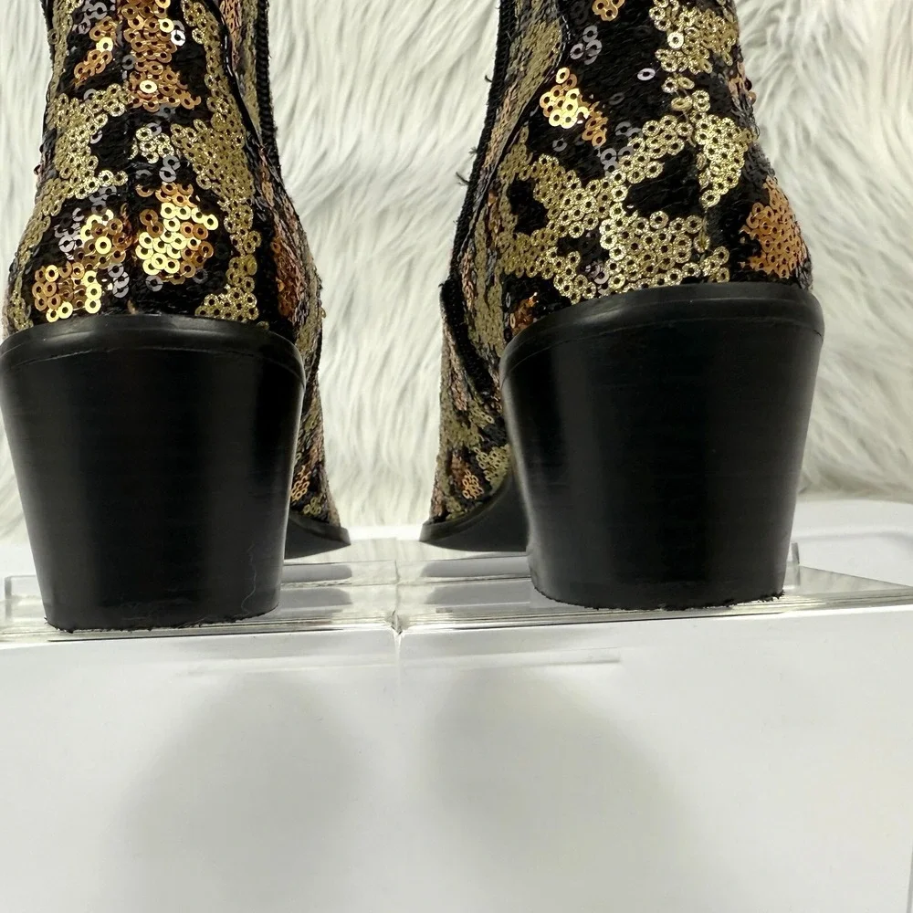 Betsey Johnson Cowboy Boots‎ Lucki Leopard Sequin Sz 6 Animal Print Cowgirl Glam